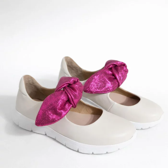Pantofi casual Piele Naturala Crem cu fuxia Mini Bow picture - 4