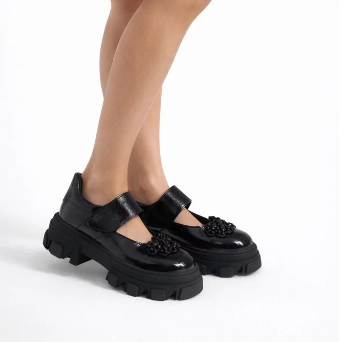 Pantofi casual Piele Naturala Negri cu accesoriu floare Ada picture - 2
