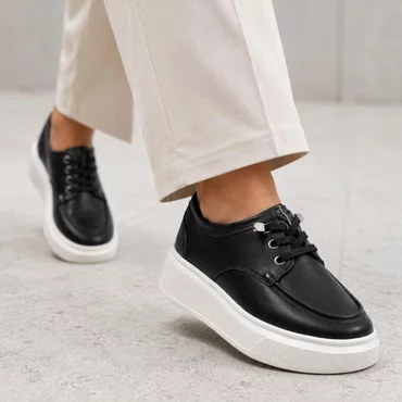 Pantofi casual Piele Naturala Negri cu siret elastic Cora