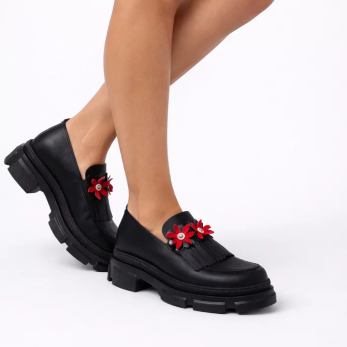Pantofi casual Piele Naturala Negri Garkony Flower Loafer picture - 3