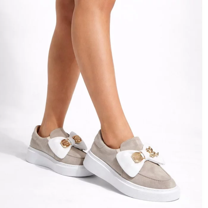 Pantofi casual Piele Naturala velur Bej Daily Bow picture - 2