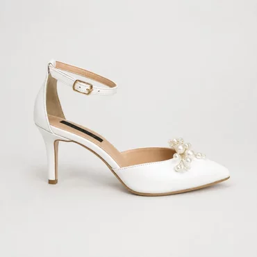Pantofi dama eleganti Piele Naturala Albi cu toc mic Alira Pearl