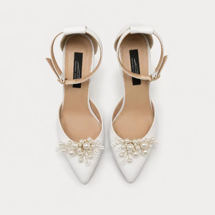 Pantofi dama eleganti Piele Naturala Albi cu toc mic Alira Pearl picture - 2