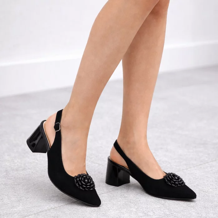 Pantofi dama eleganti Piele Naturala Negri cu aplicatie florala Eclipse picture - 2