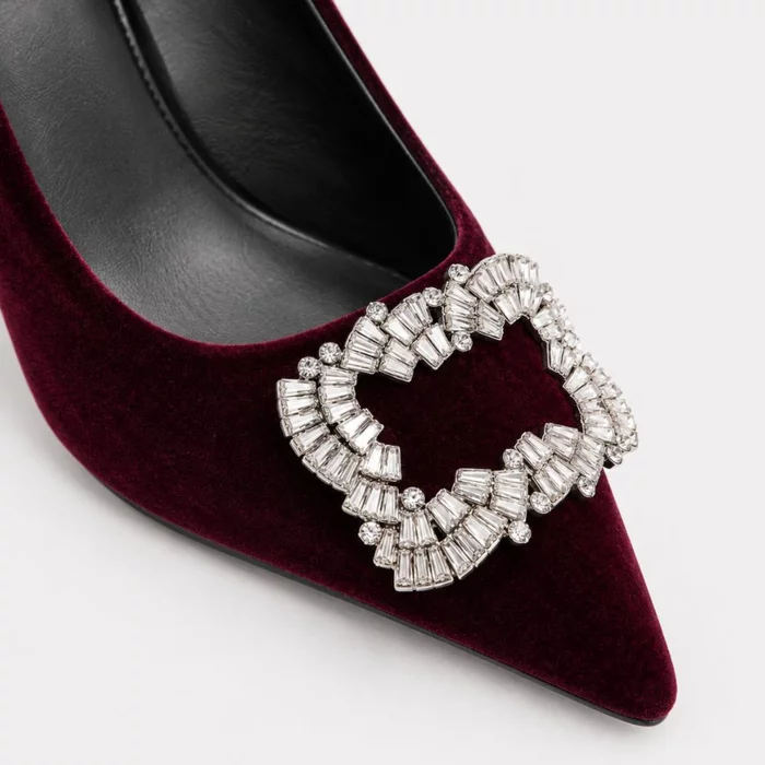 Pantofi dama eleganti stiletto catifea Bordo cu accesoriu brosa Rody picture - 3
