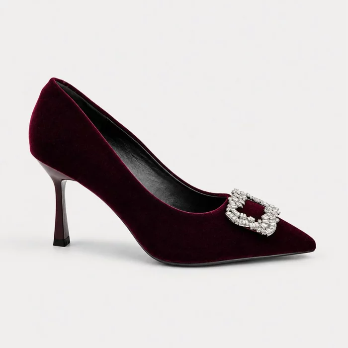 Pantofi dama eleganti stiletto catifea Bordo cu accesoriu brosa Rody picture - 2