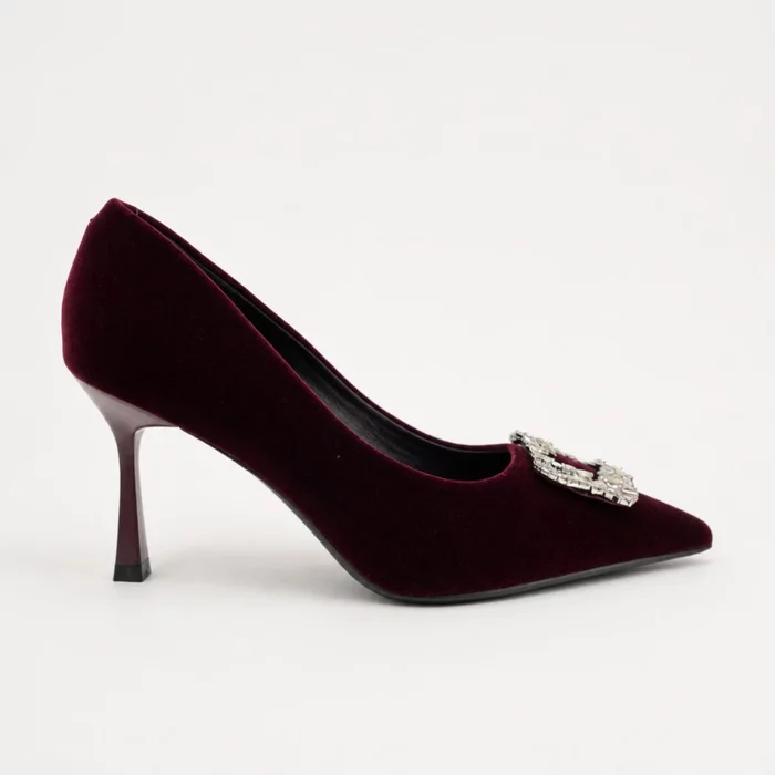 Pantofi dama eleganti stiletto catifea Bordo cu accesoriu brosa Rody picture - 4