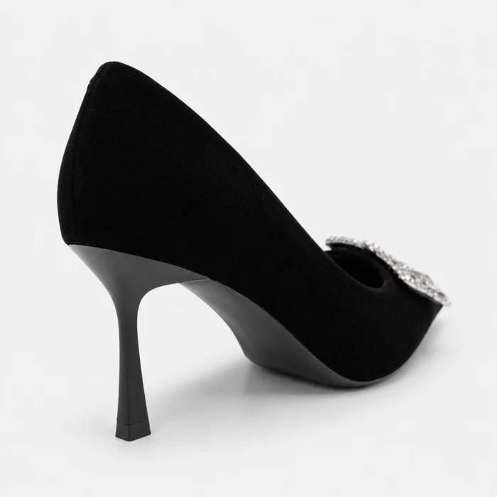 Pantofi dama eleganti stiletto catifea Negri cu accesoriu brosa Rody picture - 3