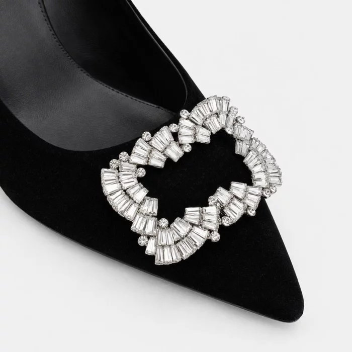 Pantofi dama eleganti stiletto catifea Negri cu accesoriu brosa Rody picture - 4