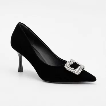 Pantofi dama eleganti stiletto catifea Negri cu accesoriu brosa Rody