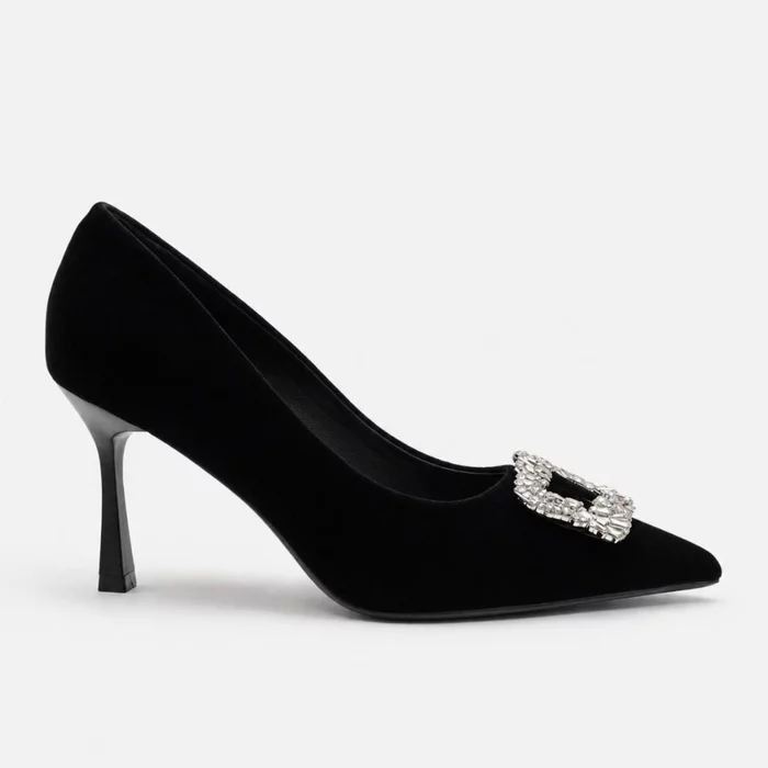 Pantofi dama eleganti stiletto catifea Negri cu accesoriu brosa Rody picture - 5