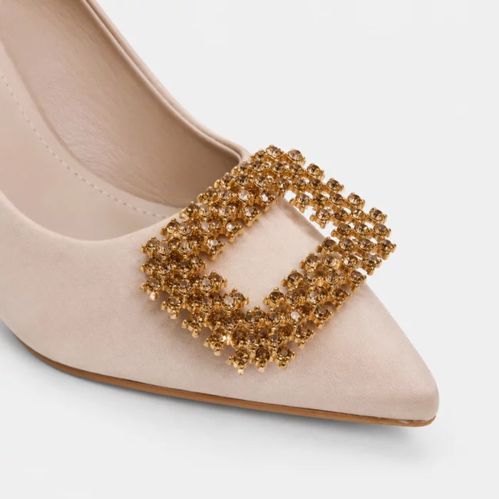 Pantofi dama eleganti stiletto satin Bej cu accesoriu brosa Aniela picture - 3