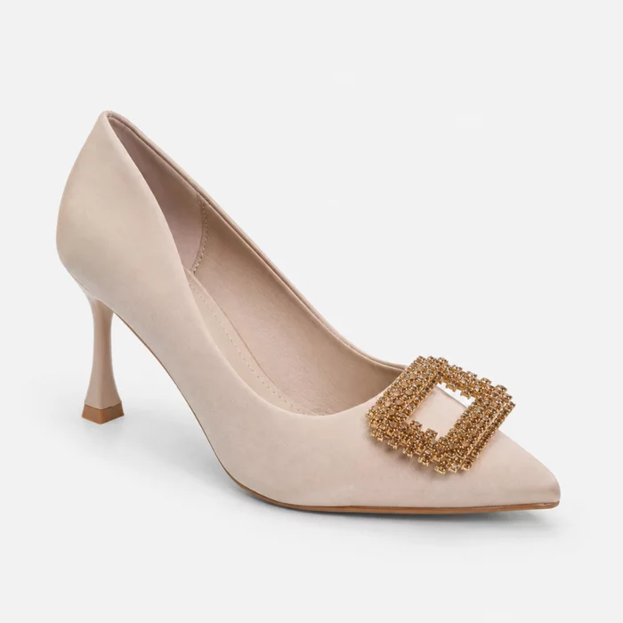 Pantofi dama eleganti stiletto satin Bej cu accesoriu brosa Aniela picture - 4