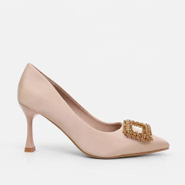 Pantofi dama eleganti stiletto satin Bej cu accesoriu brosa Aniela