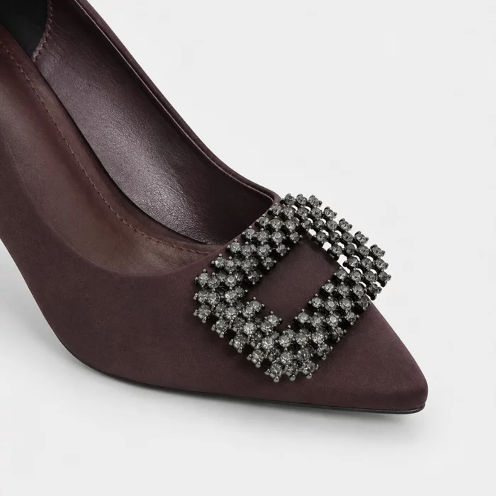 Pantofi dama eleganti stiletto satin Bordo cu accesoriu brosa Aniela picture - 4