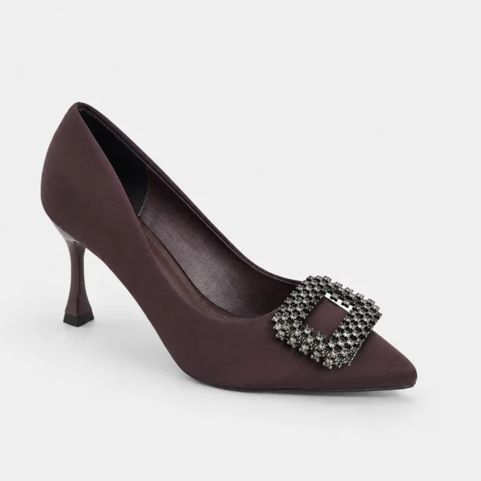 Pantofi dama eleganti stiletto satin Bordo cu accesoriu brosa Aniela picture - 3