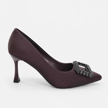 Pantofi dama eleganti stiletto satin Bordo cu accesoriu brosa Aniela