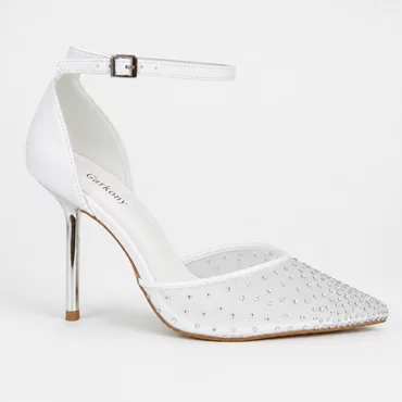 Pantofi dama eleganti toc stiletto plasa alba cu strasuri Obsidian