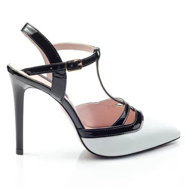 Pantofi dama stiletto Piele Naturala Alb cu Negru Selena