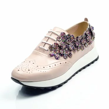 Pantofi de dama piele roz cu flori glitter Young Sport