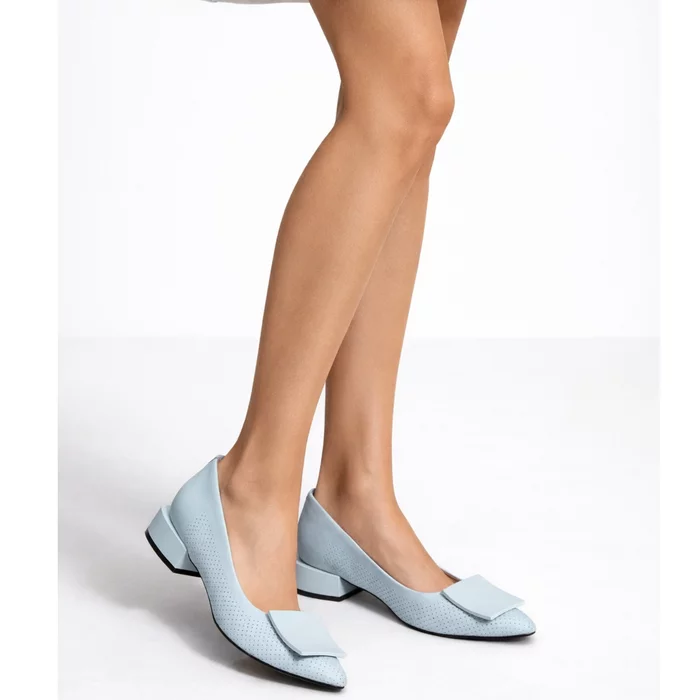 Pantofi eleganti din Piele Naturala Turcoaz cu toc mic Amber picture - 4