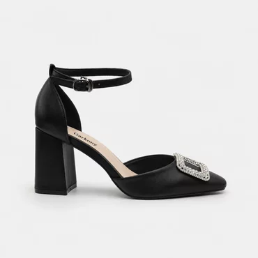 Pantofi eleganti toc mic Satin Negru cu accesoriu Geralda