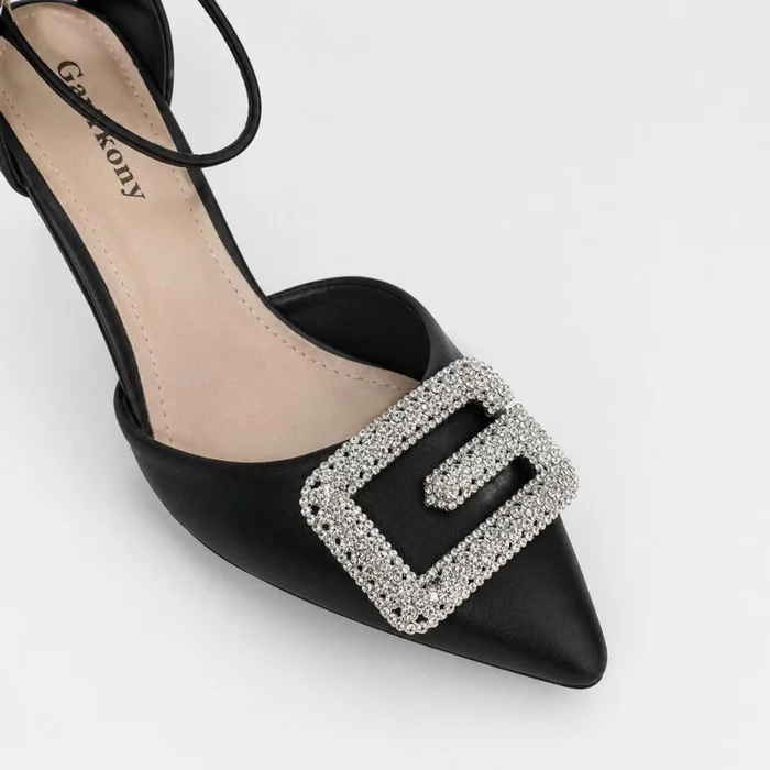 Pantofi eleganti toc mic Satin Negru cu accesoriu Geralda picture - 2