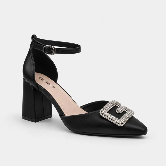 Pantofi eleganti toc mic Satin Negru cu accesoriu Geralda picture - 3