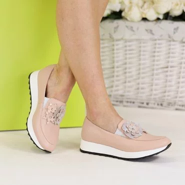 Pantofi sport piele roz pal  Klara cu flori
