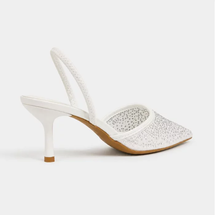 Pantofi stiletto eleganti din dantela si strasuri Albi cu toc mic Lolla picture - 3