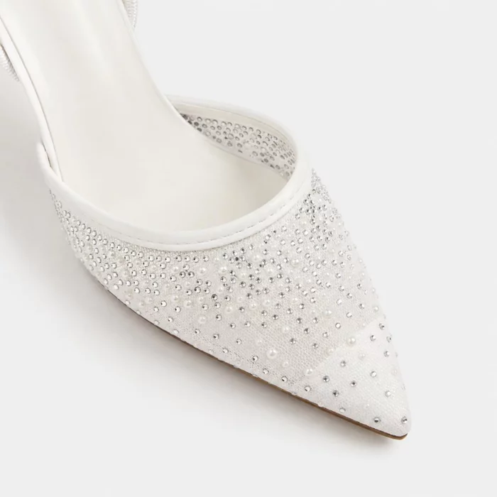 Pantofi stiletto eleganti din dantela si strasuri Albi cu toc mic Lolla picture - 4