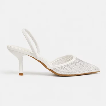 Pantofi stiletto eleganti din dantela si strasuri Albi cu toc mic Lolla