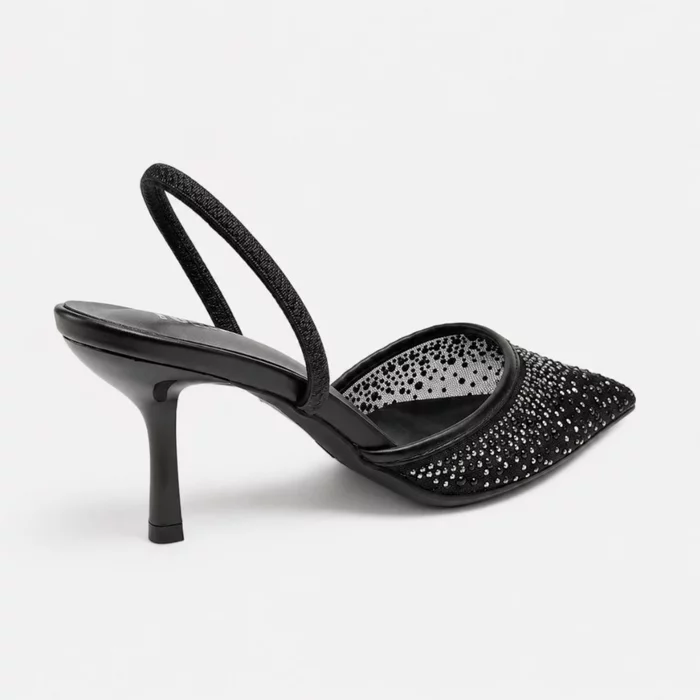 Pantofi stiletto eleganti din dantela si strasuri Negri cu toc mic Lolla picture - 3