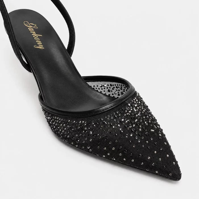 Pantofi stiletto eleganti din dantela si strasuri Negri cu toc mic Lolla picture - 4