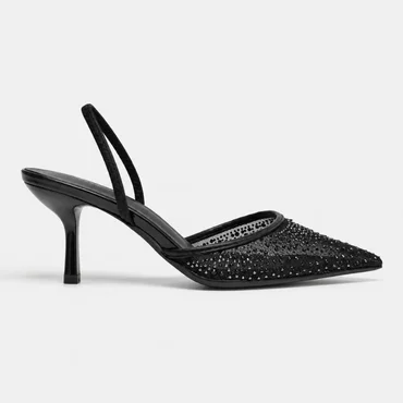 Pantofi stiletto eleganti din dantela si strasuri Negri cu toc mic Lolla