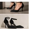 Pantofi stiletto eleganti toc stiletto Satin Negru cu strasuri Astra picture - 5