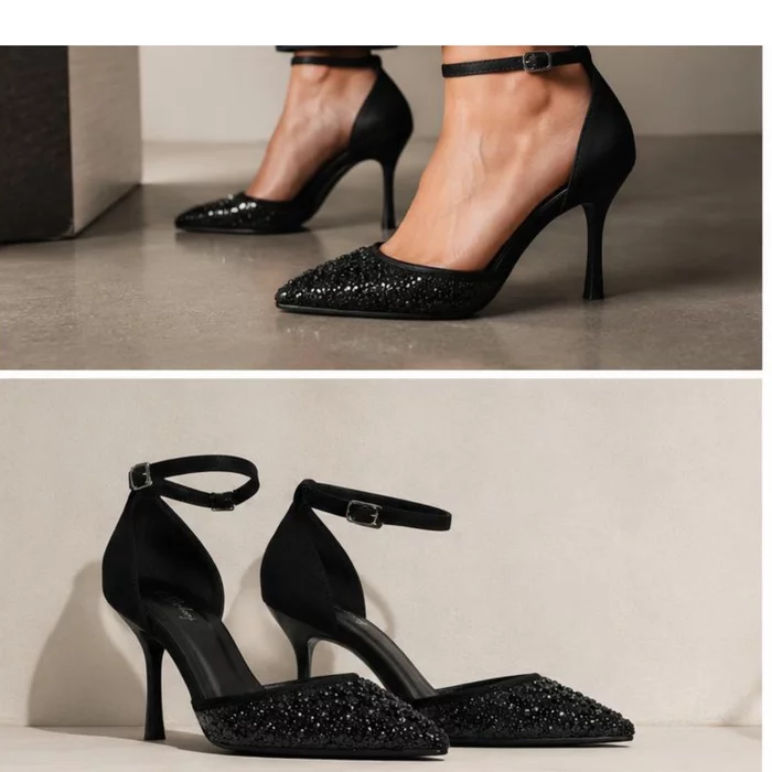Pantofi stiletto eleganti toc stiletto Satin Negru cu strasuri Astra picture - 5