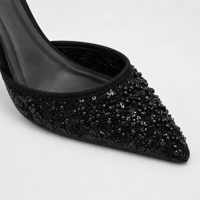 Pantofi stiletto eleganti toc stiletto Satin Negru cu strasuri Astra picture - 3
