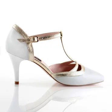 Pantofi stiletto Piele Naturala Alba cu Auriu Lara