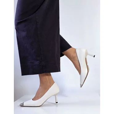 Pantofi stiletto Piele Naturala Albi cu varf argintiu Nurcy