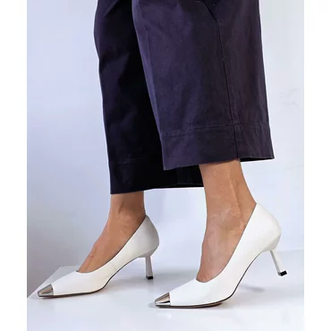 Pantofi stiletto Piele Naturala Albi cu varf argintiu Nurcy
