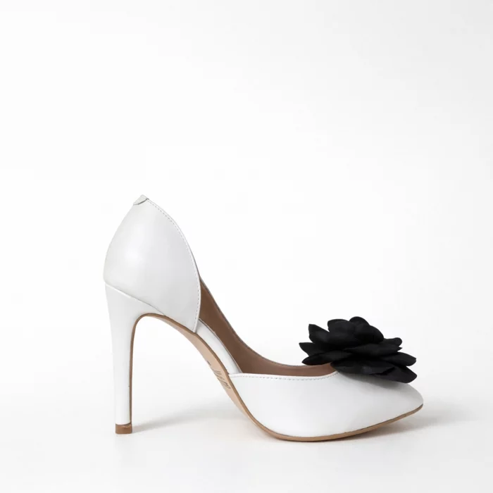 Pantofi stiletto Piele Naturala Albi sidefat cu floare Madona picture - 5
