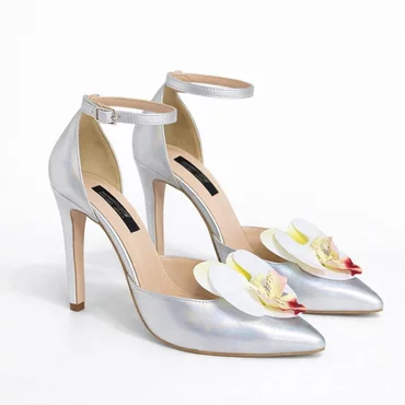 Pantofi stiletto Piele Naturala Argintii Garkony Silver Orchid