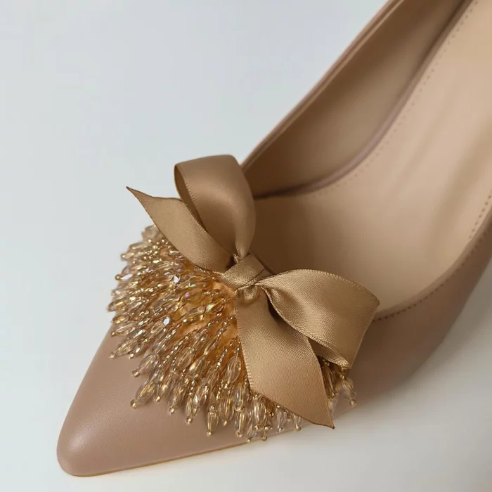 Pantofi stiletto Piele Naturala Bej cu accesoriu Emilly picture - 3