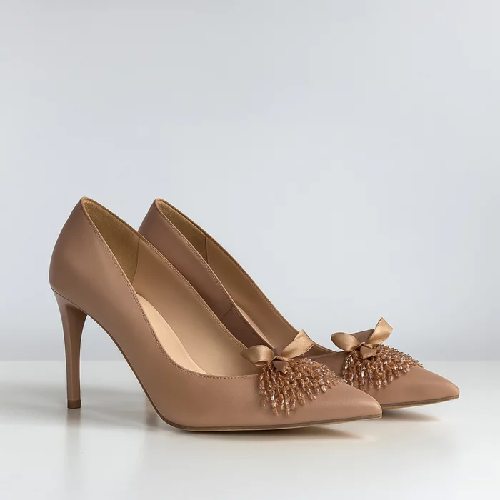 Pantofi stiletto Piele Naturala Bej cu accesoriu Emilly picture - 2