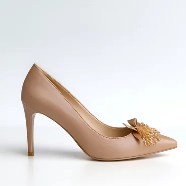 Pantofi stiletto Piele Naturala Bej cu accesoriu Emilly
