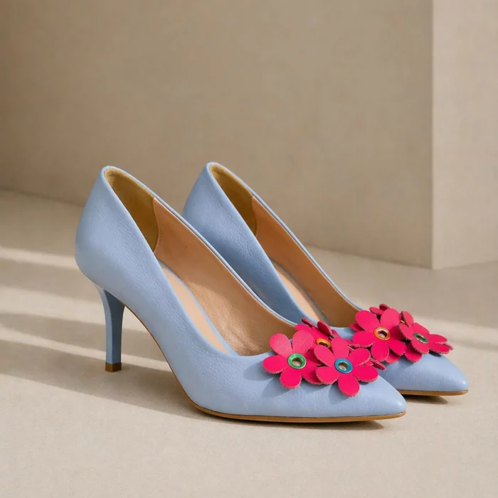 Pantofi stiletto Piele Naturala Blue Spring Bloom picture - 5