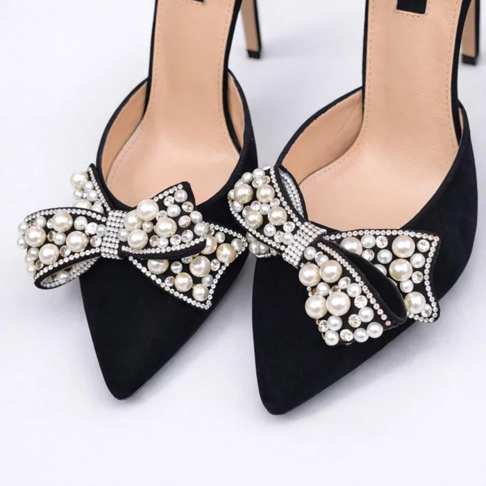 Pantofi stiletto Piele Naturala Negri cu funda perle Pearl picture - 3