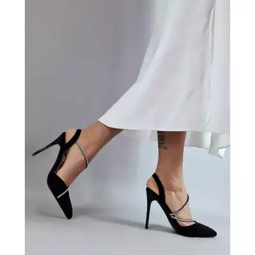 Pantofi stiletto tip sanda catifea negra cu strasuri Helen