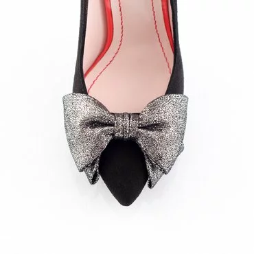 Pantofi stiletto trend negru cu funda print bronz Lady
